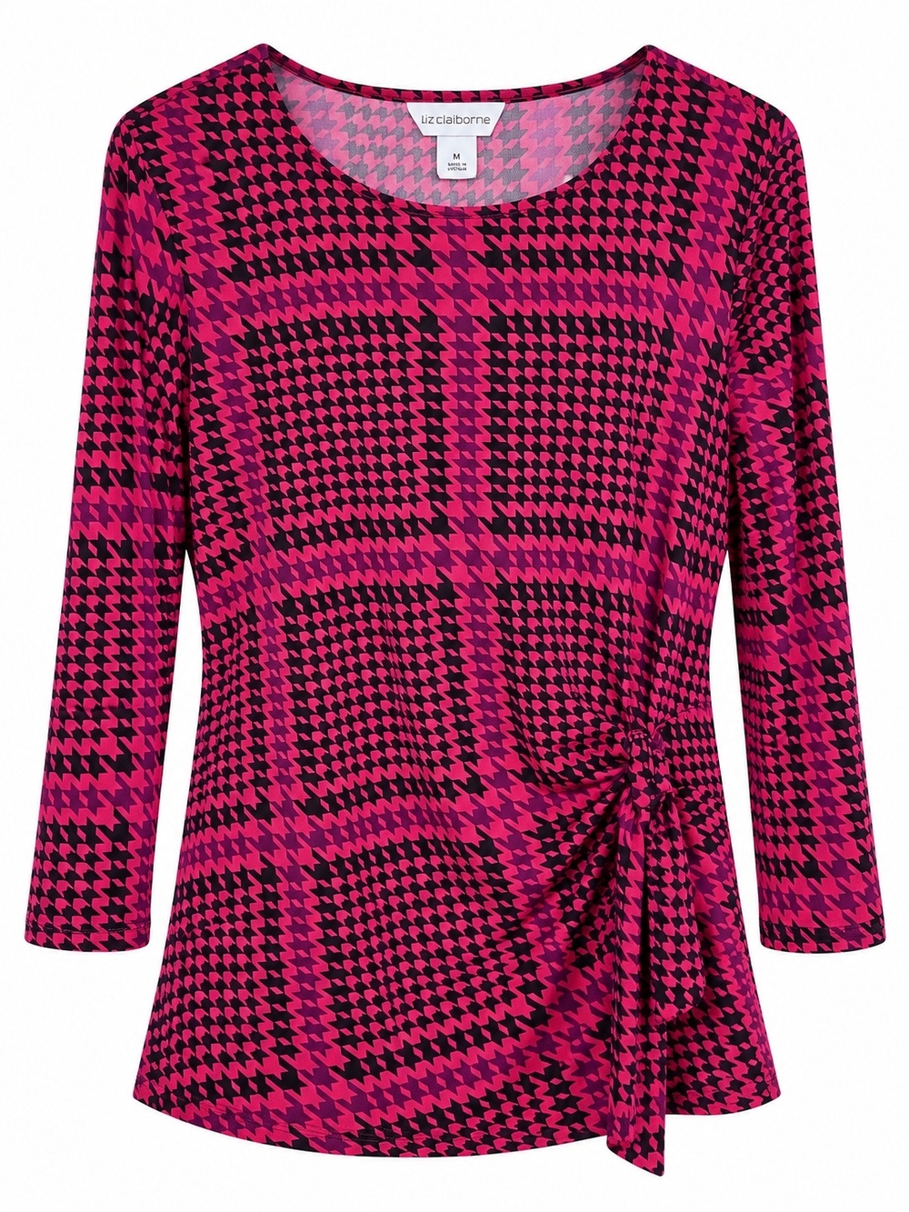 Liz Claiborne Red and Black Houndstooth Twist-Front Long Sleeve Top